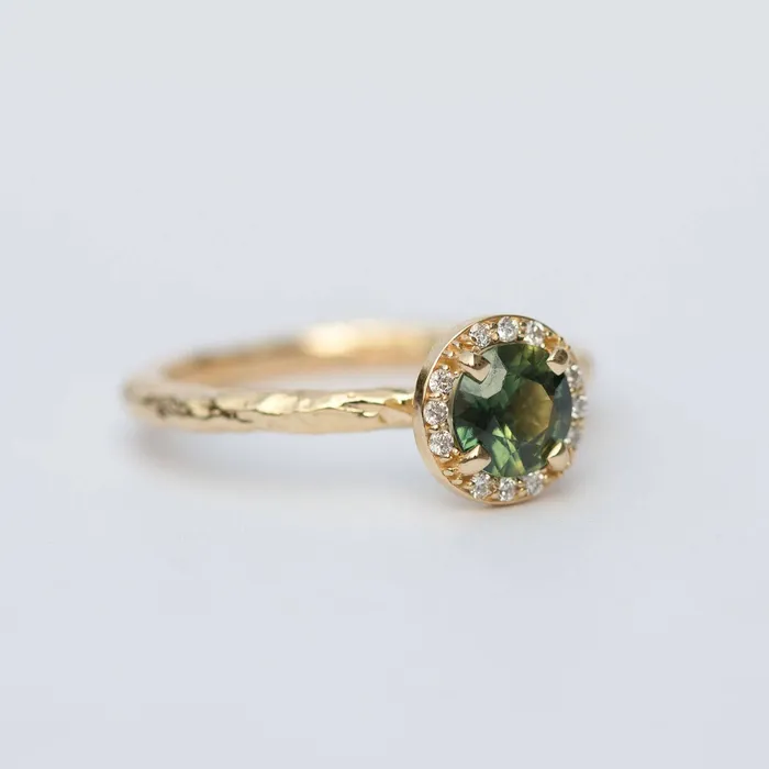 Anueva Jewelry Rings Diamond and Green Sapphire Engagement Ring in Hand Carved Recycled Yellow Gold Earthy Setting Emerald Sapphire Engagement Ring by Anueva