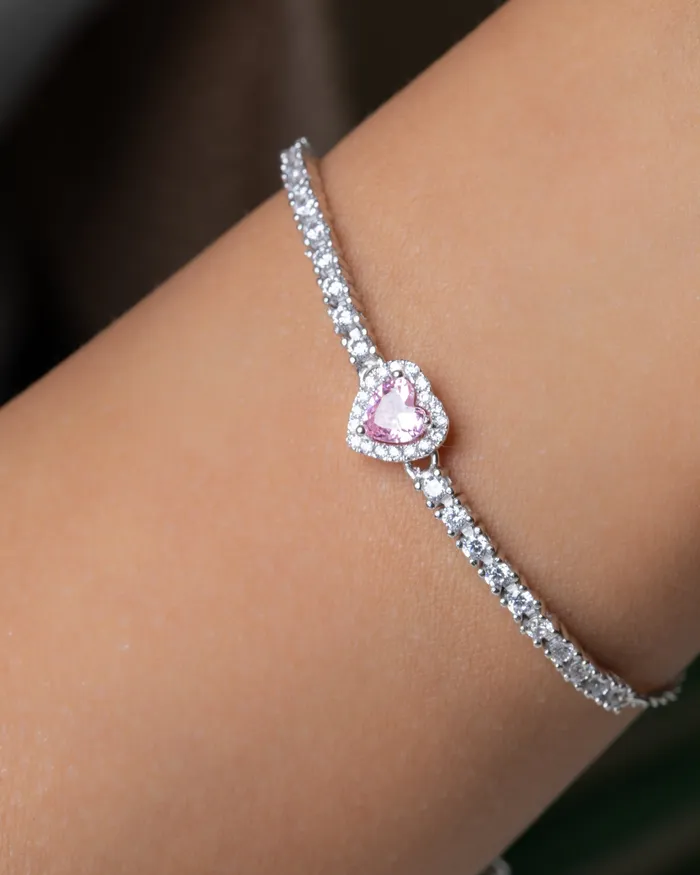 KOAY Silver Store Bracelets Zircon Pink Heart Tennis Bracelet