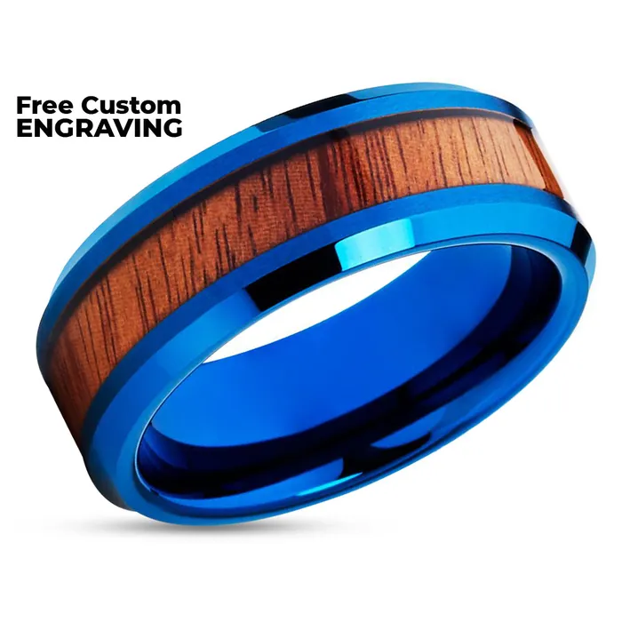 Koa Wood Tungsten Wedding Band Blue Tungsten Ring Blue Tungsten 8mm Clean Casting Jewelry Rings