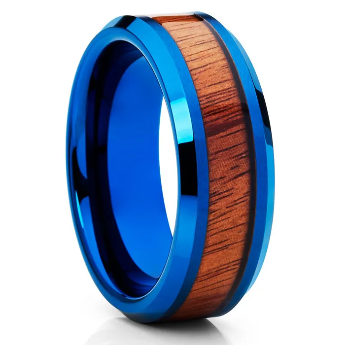 Koa Wood Tungsten Wedding Band Blue Tungsten Ring Blue Tungsten 8mm Clean Casting Jewelry Rings