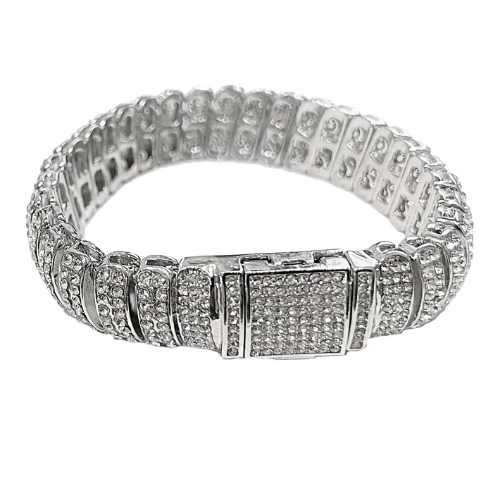 AMERICAN TIME Bracelets Mens Iced Dome Bracelet CZ Flooded Out Silver Tone 85 x 16MM AMERICAN TIME Bracelets Mens Iced Dome Bracelet CZ Flooded Out Silver Tone 85 x 16MM