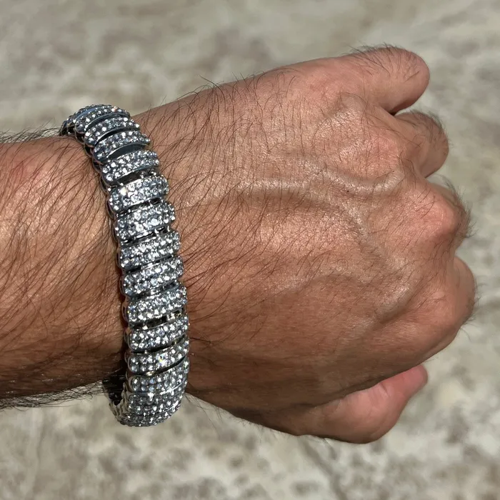 AMERICAN TIME Bracelets Mens Iced Dome Bracelet CZ Flooded Out Silver Tone 85 x 16MM AMERICAN TIME Bracelets Mens Iced Dome Bracelet CZ Flooded Out Silver Tone 85 x 16MM