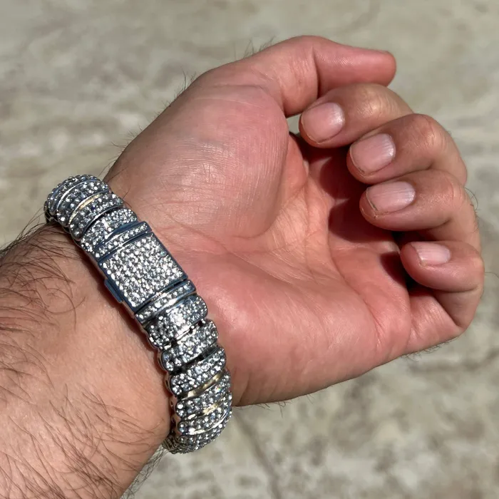 AMERICAN TIME Bracelets Mens Iced Dome Bracelet CZ Flooded Out Silver Tone 85 x 16MM AMERICAN TIME Bracelets Mens Iced Dome Bracelet CZ Flooded Out Silver Tone 85 x 16MM