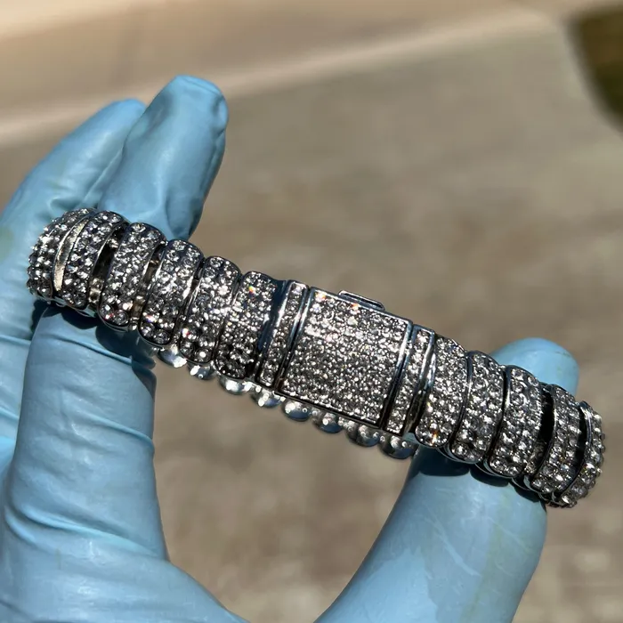 AMERICAN TIME Bracelets Mens Iced Dome Bracelet CZ Flooded Out Silver Tone 85 x 16MM AMERICAN TIME Bracelets Mens Iced Dome Bracelet CZ Flooded Out Silver Tone 85 x 16MM