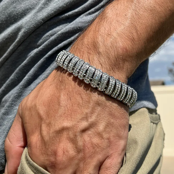 AMERICAN TIME Bracelets Mens Iced Dome Bracelet CZ Flooded Out Silver Tone 85 x 16MM AMERICAN TIME Bracelets Mens Iced Dome Bracelet CZ Flooded Out Silver Tone 85 x 16MM