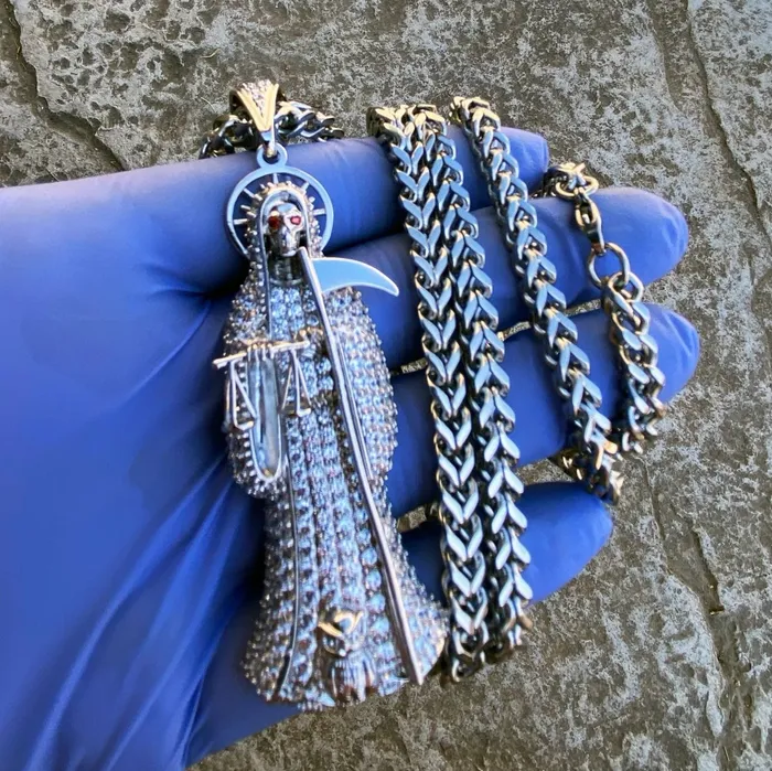 Bling Cartel Admin Necklaces La Santa Muerte Iced Pendant Chain Stainless Steel Franco Necklace 36