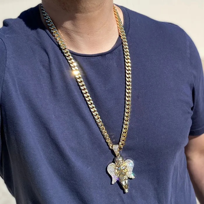 Bling Cartel Admin Necklaces Praying Angel Iced Pendant Gold Finish 30 Cuban Chain