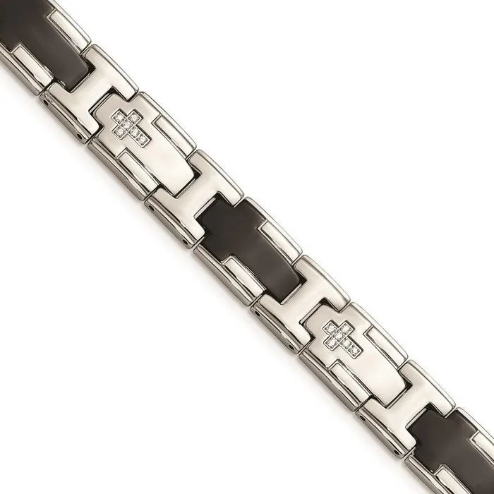 Bracelets Chisel Stainless Steel Polished Black IPplated with CZ Cross Bracelet Bracelets Chisel Stainless Steel Polished Black IPplated with CZ Cross Bracelet