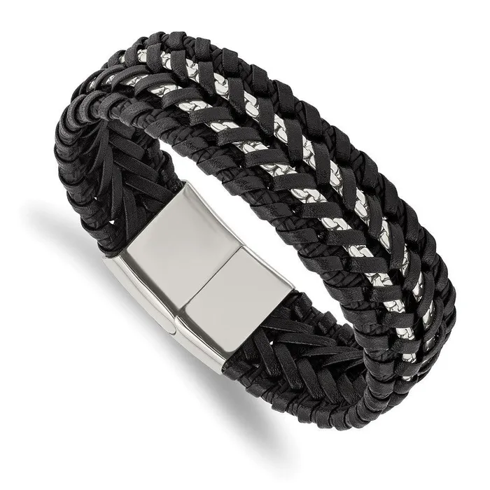 Bracelets Stainless Steel Polished Black Woven Leather and Chain 85in Bracelet Chisel Bracelets Stainless Steel Polished Black Woven Leather and Chain 85in Bracelet Chisel