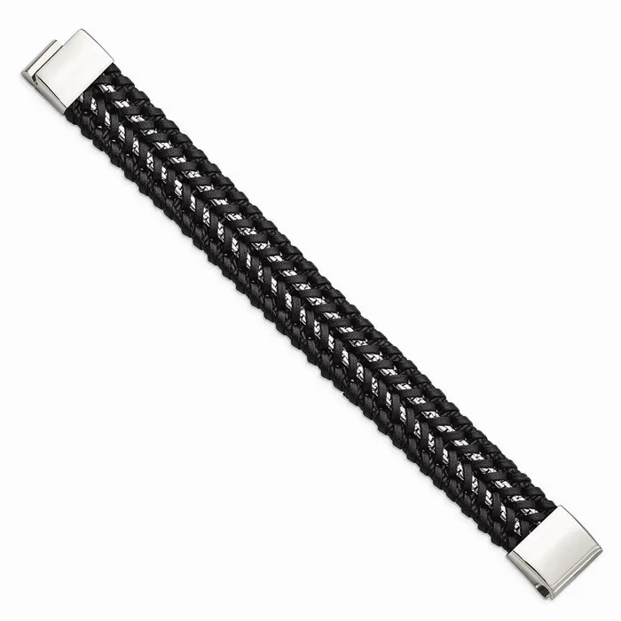 Bracelets Stainless Steel Polished Black Woven Leather and Chain 85in Bracelet Chisel Bracelets Stainless Steel Polished Black Woven Leather and Chain 85in Bracelet Chisel
