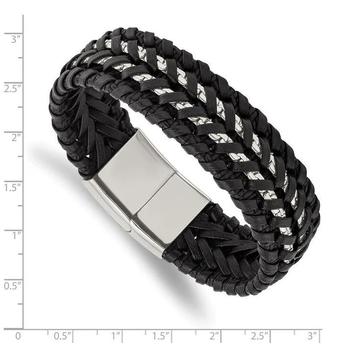 Bracelets Stainless Steel Polished Black Woven Leather and Chain 85in Bracelet Chisel Bracelets Stainless Steel Polished Black Woven Leather and Chain 85in Bracelet Chisel