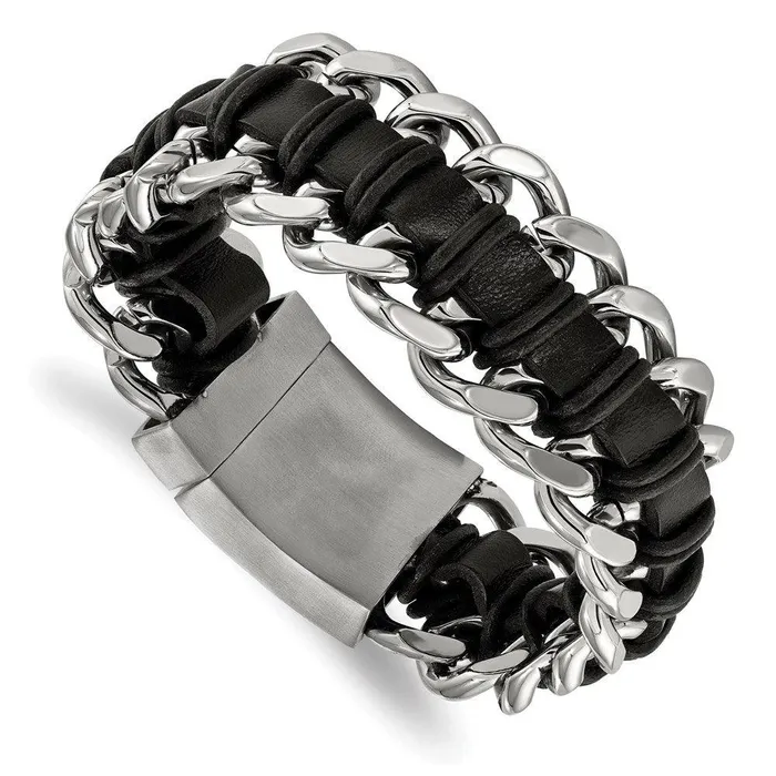Chisel Bracelets Stainless Steel Brushed and Polished Blk Leather Bracelet Chisel Bracelets Stainless Steel Brushed and Polished Blk Leather Bracelet