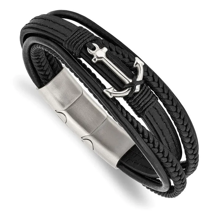 Chisel Bracelets Stainless Steel Polished Anchor GenuinePU Leather w5in ext Bracelet Chisel Bracelets Stainless Steel Polished Anchor GenuinePU Leather w5in ext Bracelet