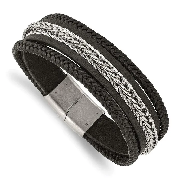 Chisel Bracelets Stainless Steel Polished Multi Strand Black Leather 85in Bracelet Chisel Bracelets Stainless Steel Polished Multi Strand Black Leather 85in Bracelet