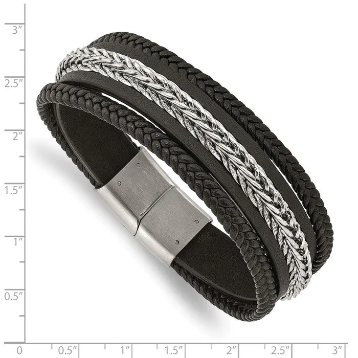 Chisel Bracelets Stainless Steel Polished Multi Strand Black Leather 85in Bracelet Chisel Bracelets Stainless Steel Polished Multi Strand Black Leather 85in Bracelet