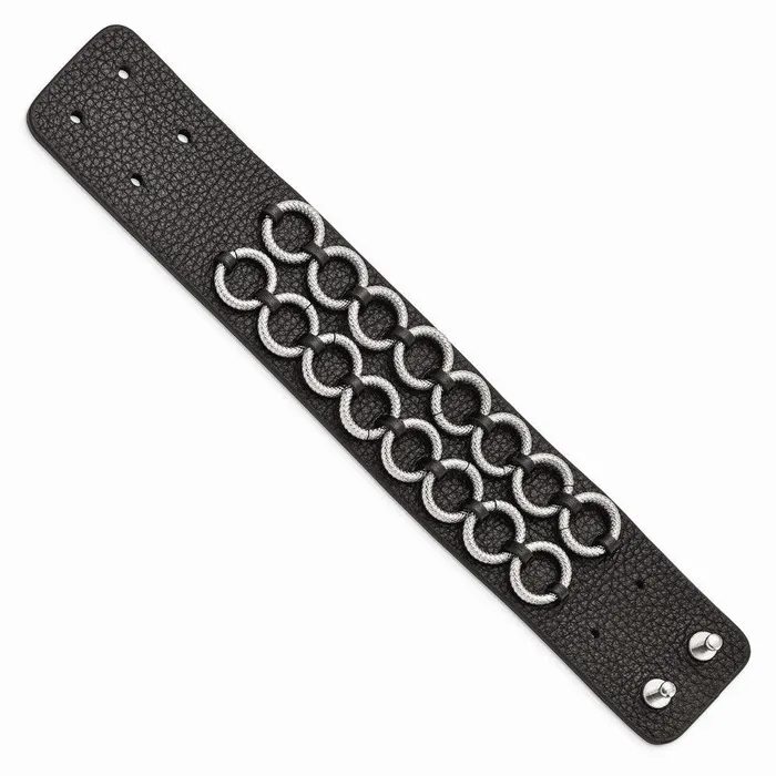 Chisel Bracelets Stainless Steel Polished Textured Black Leather Bracelet Chisel Bracelets Stainless Steel Polished Textured Black Leather Bracelet