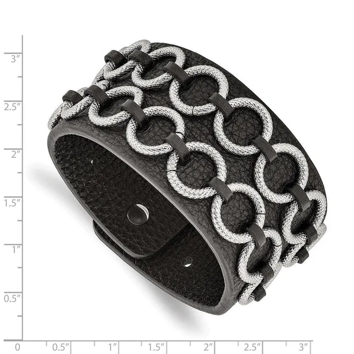 Chisel Bracelets Stainless Steel Polished Textured Black Leather Bracelet Chisel Bracelets Stainless Steel Polished Textured Black Leather Bracelet