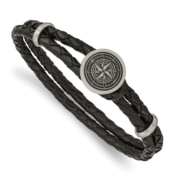 Chisel Stainless Steel Brushed Lasered Compass Black Leather 85in Bracelet Bracelets Chisel Stainless Steel Brushed Lasered Compass Black Leather 85in Bracelet Bracelets