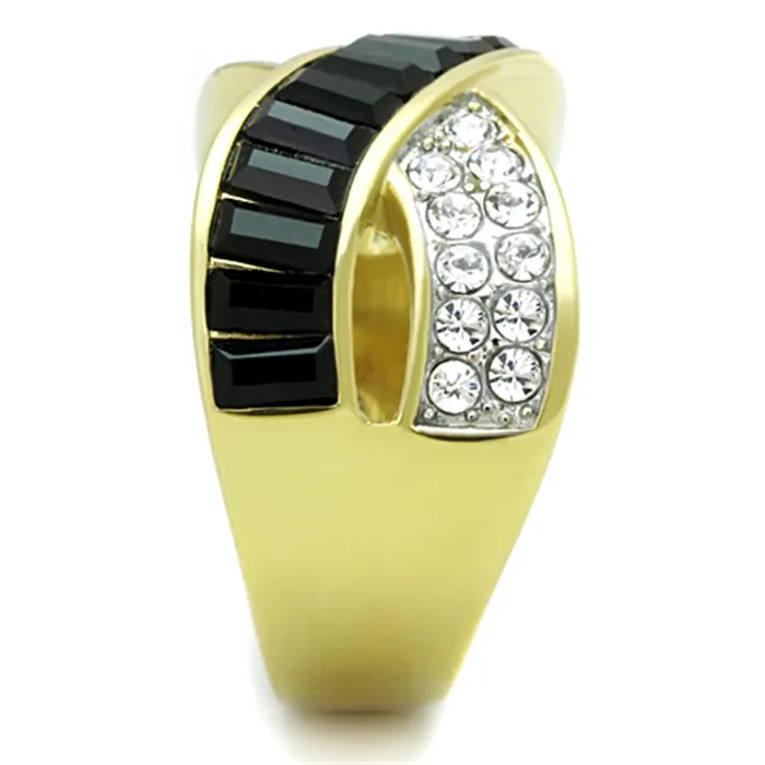 Rings Alamode TK1577 TwoTone IP Gold Ion Plating Stainless Steel Ring with Top Grade Crystal in Jet