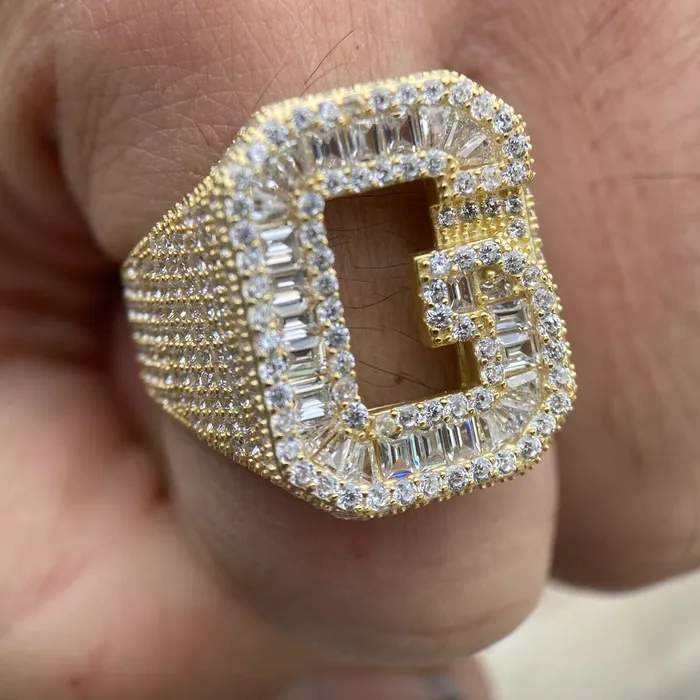 Rings AMERICAN TIME 14K Gold Plated 925 Sterling Silver Initial Letter Iced CZ Baguette Ring
