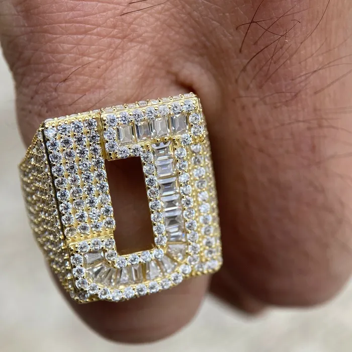 Rings AMERICAN TIME 14K Gold Plated 925 Sterling Silver Initial Letter Iced CZ Baguette Ring