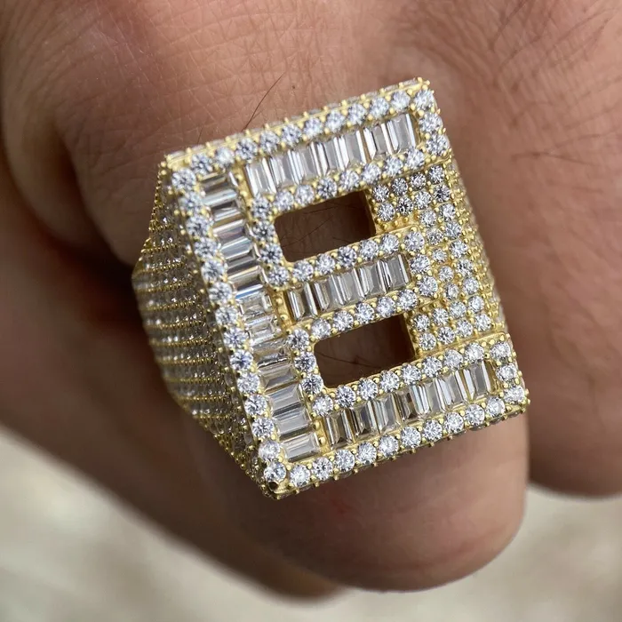 Rings AMERICAN TIME 14K Gold Plated 925 Sterling Silver Initial Letter Iced CZ Baguette Ring