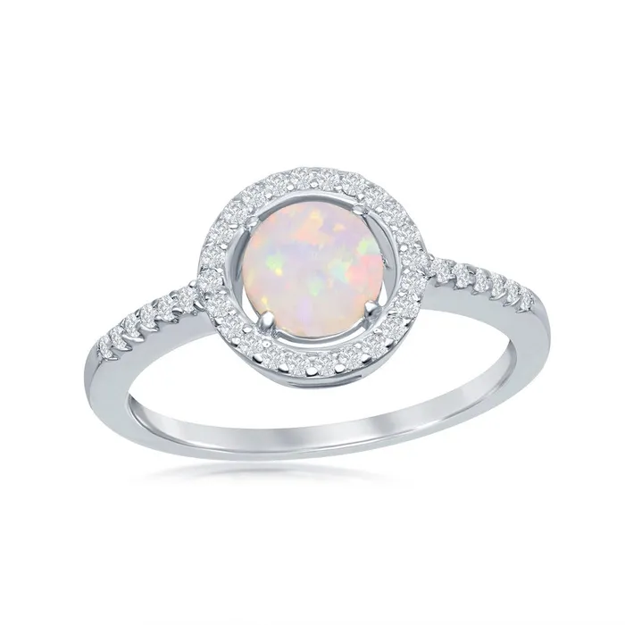 Rings Sterling Silver Round White Opal with CZ Halo Ring Classic