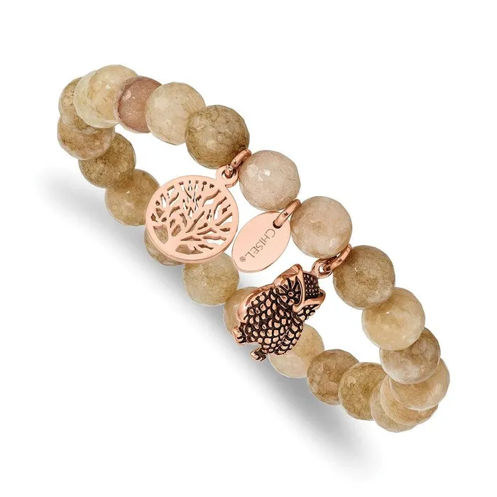 Stainless Steel Antiqued Polished Rose IP Owl Taupe Dyed Jade Bracelet Chisel Bracelets Stainless Steel Antiqued Polished Rose IP Owl Taupe Dyed Jade Bracelet Chisel Bracelets