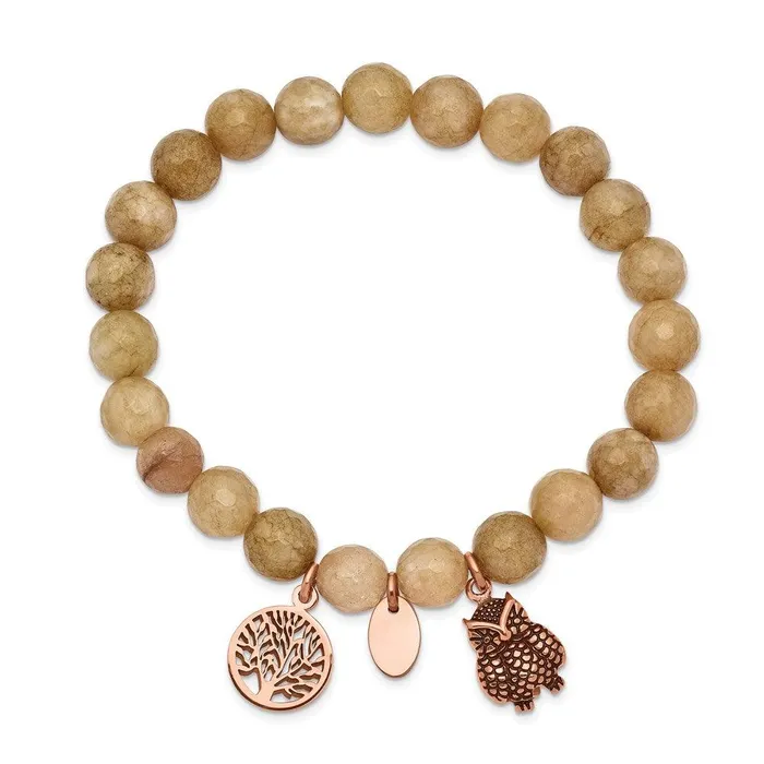 Stainless Steel Antiqued Polished Rose IP Owl Taupe Dyed Jade Bracelet Chisel Bracelets Stainless Steel Antiqued Polished Rose IP Owl Taupe Dyed Jade Bracelet Chisel Bracelets