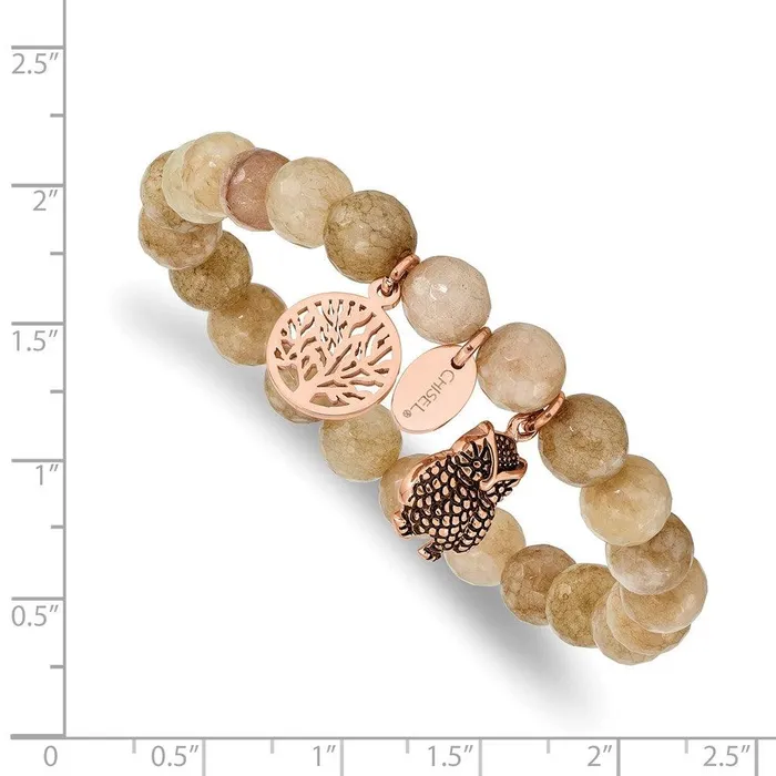 Stainless Steel Antiqued Polished Rose IP Owl Taupe Dyed Jade Bracelet Chisel Bracelets Stainless Steel Antiqued Polished Rose IP Owl Taupe Dyed Jade Bracelet Chisel Bracelets