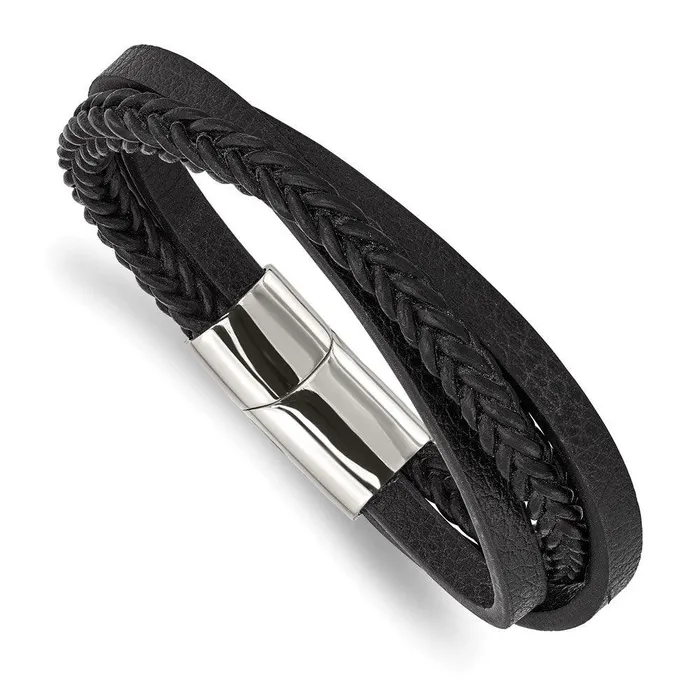Stainless Steel Polished Black Leather MultiStrand 825in Bracelet Chisel Bracelets Stainless Steel Polished Black Leather MultiStrand 825in Bracelet Chisel Bracelets