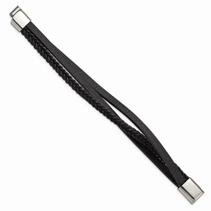 Stainless Steel Polished Black Leather MultiStrand 825in Bracelet Chisel Bracelets Stainless Steel Polished Black Leather MultiStrand 825in Bracelet Chisel Bracelets