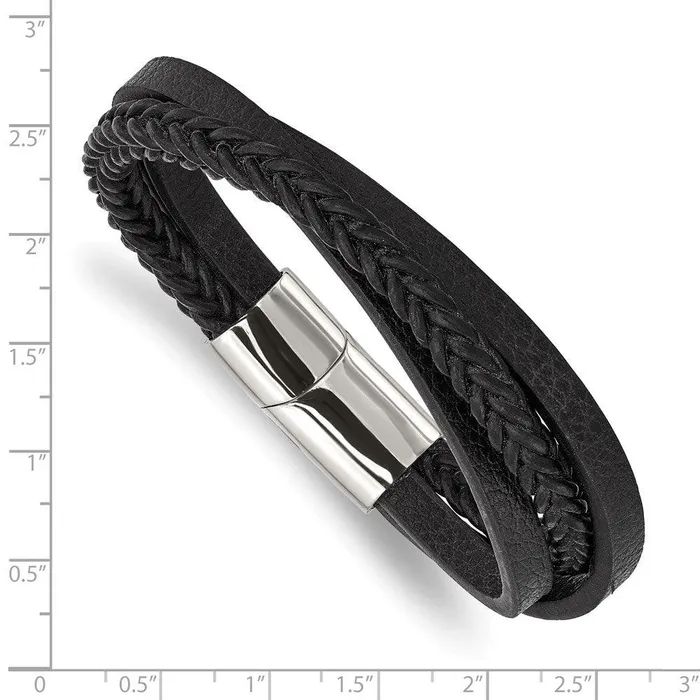 Stainless Steel Polished Black Leather MultiStrand 825in Bracelet Chisel Bracelets Stainless Steel Polished Black Leather MultiStrand 825in Bracelet Chisel Bracelets