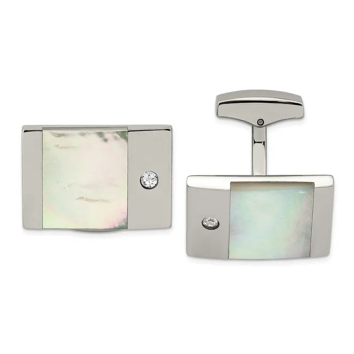 Stainless Steel Polished Mother of Pearl CZ Cufflinks Chisel Bracelets