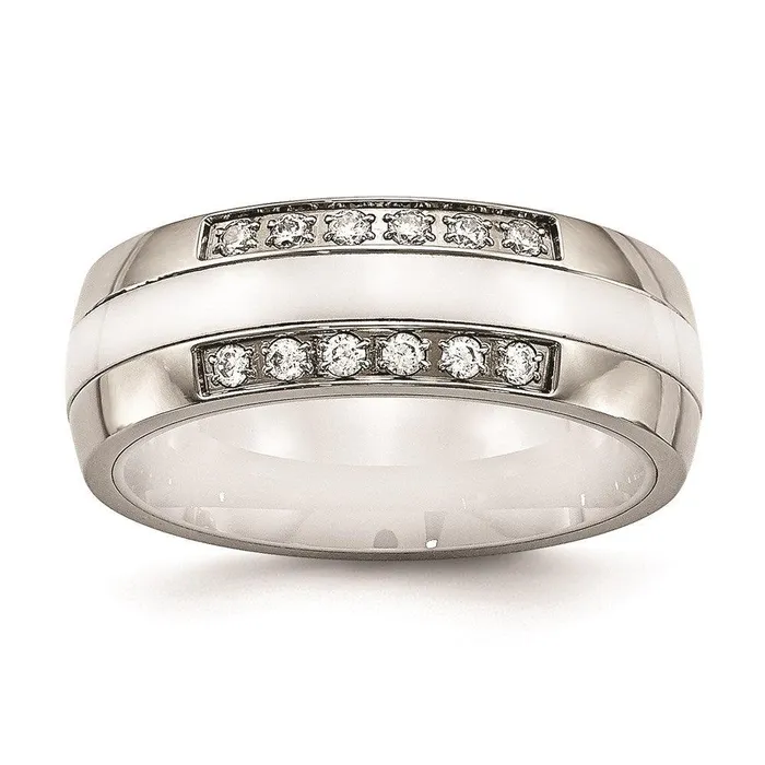 Stainless Steel Polished White Ceramic CZ Ring Chisel Rings