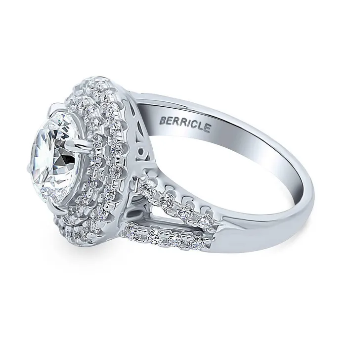 BERRICLE Rings Halo CZ Split Shank Ring in Sterling Silver