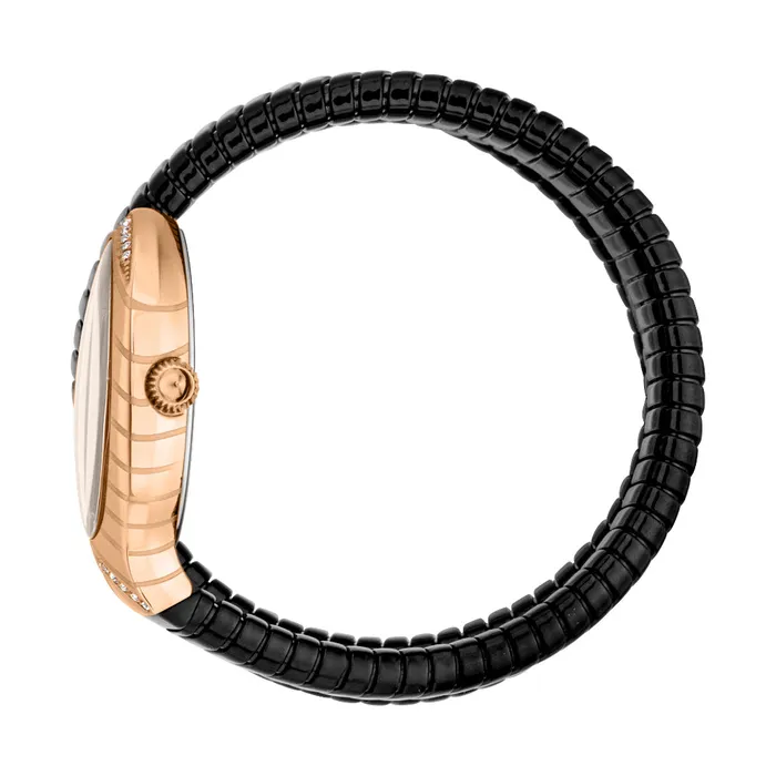 Bracelets Just Cavalli Just Cavalli Snake Shape Womens Watch Rose Gold Color Case with Black Dial and Two Tone Metal Bracelet
