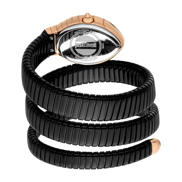 Bracelets Just Cavalli Just Cavalli Snake Shape Womens Watch Rose Gold Color Case with Black Dial and Two Tone Metal Bracelet
