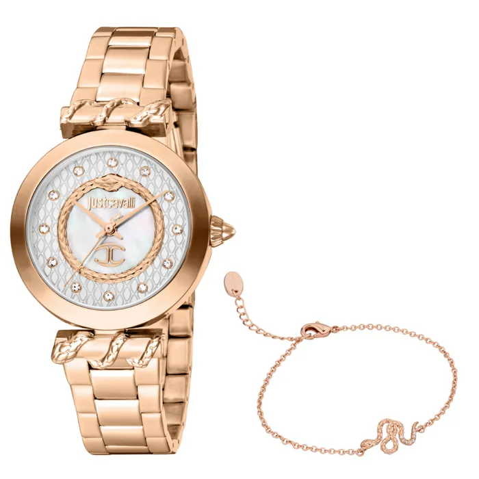 Bracelets Just Cavalli Just Cavalli Womens Rose Gold Watch with White MOP Dial and Rose Gold Metal Bracelet