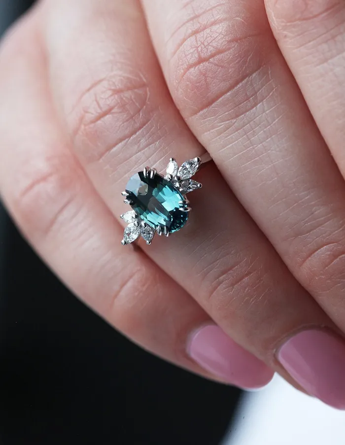 Harlow Teal Sapphire Diamond Ring Capucinne Rings