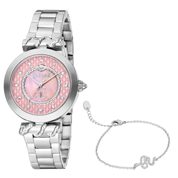 Just Cavalli Womens Silver ColorWatch With Light Pink MOP Dial And Stainless Steel Metal Bracelet Just Cavalli Bracelets