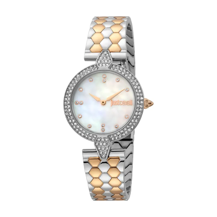 Just Cavalli Women Watch Silver Color Case White Mop Dial Two Tone Silver Rose Gold Color Stainless Steel Metal Bracelet Just Cavalli Bracelets Just Cavalli Women Watch Silver Color Case White Mop Dial Two Tone Silver Rose Gold Color Stainless Steel Metal Bracelet Just Cavalli Bracelets