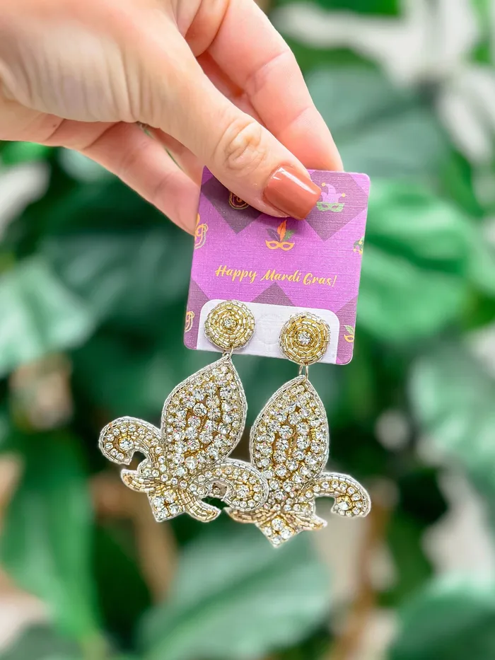 Prep Obsessed PR Earrings Rhinestone Fleur De Lis Statement Earrings