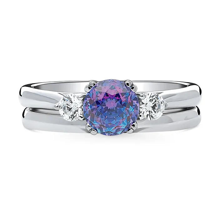 Rings BERRICLE 3Stone Kaleidoscope Purple Aqua CZ Ring Set in Sterling Silver