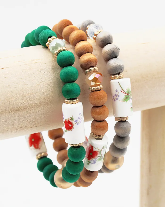 Wood Beaded Bracelet with Ceramic Accent 082522 Bracelets