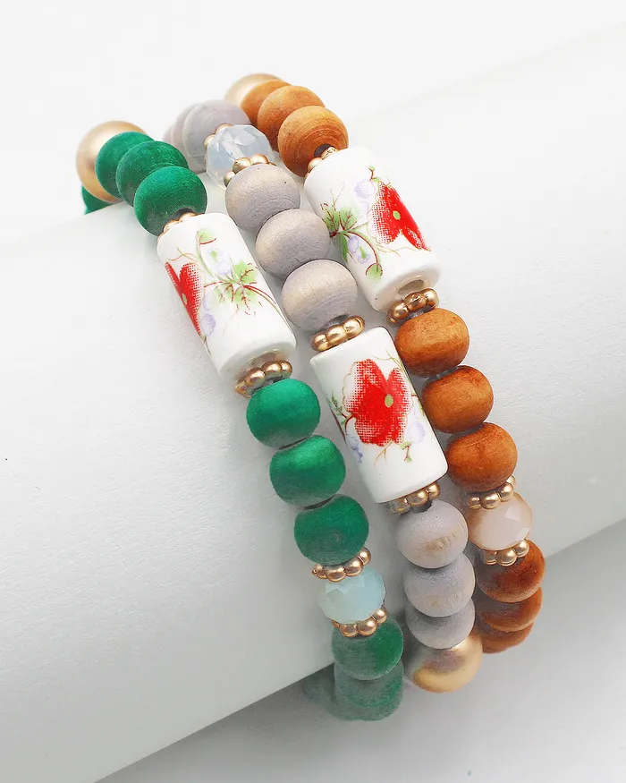 Wood Beaded Bracelet with Ceramic Accent 082522 Bracelets Wood Beaded Bracelet with Ceramic Accent 082522 Bracelets