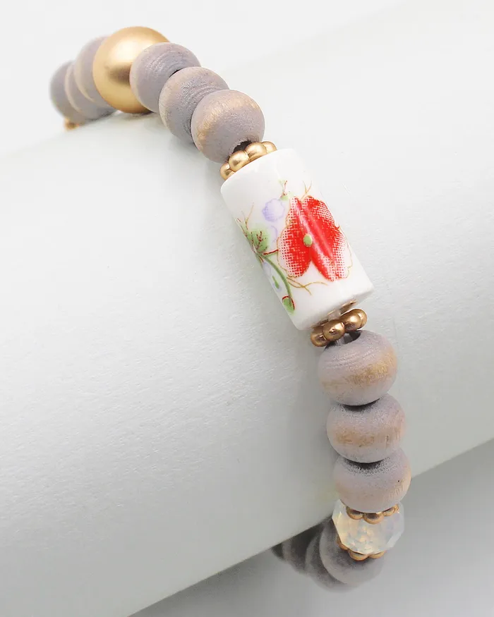 Wood Beaded Bracelet with Ceramic Accent 082522 Bracelets Wood Beaded Bracelet with Ceramic Accent 082522 Bracelets