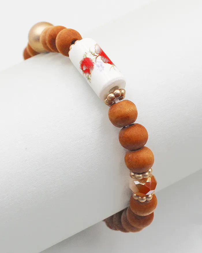 Wood Beaded Bracelet with Ceramic Accent 082522 Bracelets Wood Beaded Bracelet with Ceramic Accent 082522 Bracelets