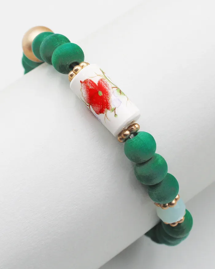 Wood Beaded Bracelet with Ceramic Accent 082522 Bracelets Wood Beaded Bracelet with Ceramic Accent 082522 Bracelets