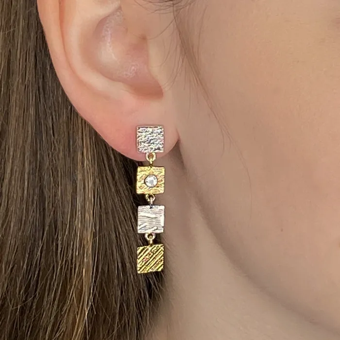 Earrings Q Evon 4 Tab Textured Earrings with White Lab Diamond